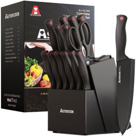 14-Piece Kitchen Knife Set with Built-In Sharpener, German Stainless Steel Blades, Rust-Resistant & Dishwasher Safe, Black