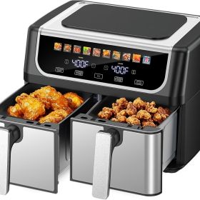 9.5 Quart Large Dual Basket Air Fryer with Double Basket, Independent Temp Control & Sync Mode, 10 Presets (Bake/Broil/Defrost/Dehydrate) (Color: Black)
